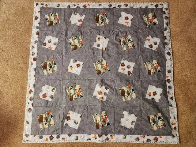 Tilted Block Woodland Themed Baby Quilt For Coworker