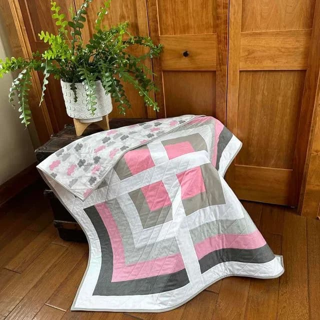 Baby Quilt In Pink, Grey, & White