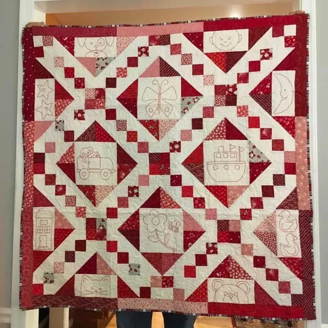 Peek-a-boo Redwork Baby Quilt