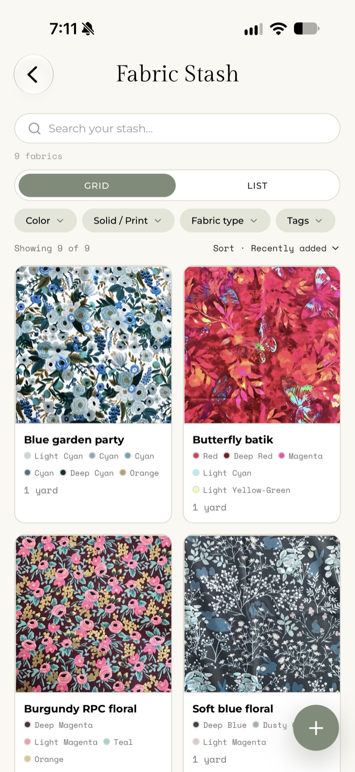 My Quilts — Fabric Stash grid with fabric photos, colors and yardage
