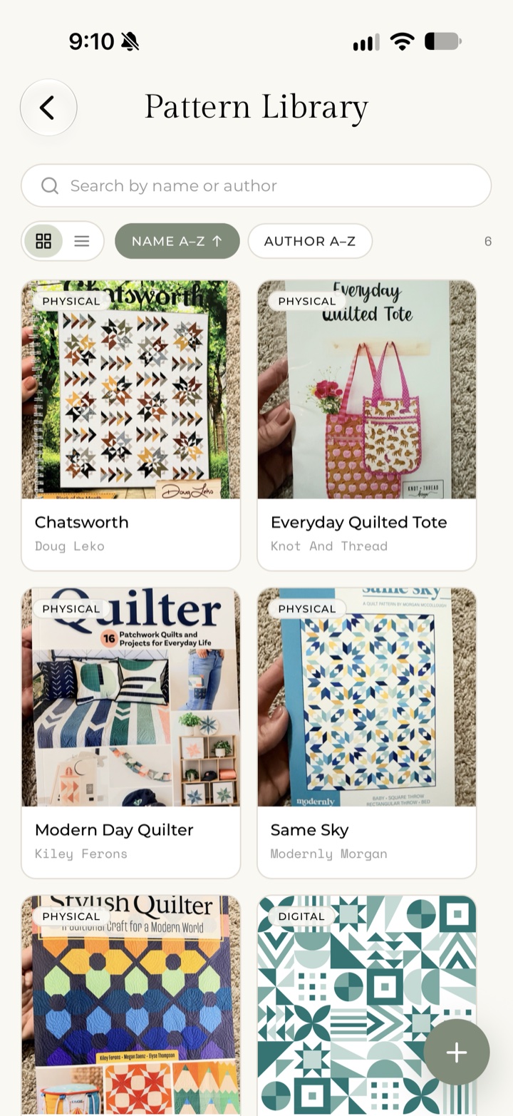 My Quilts — Pattern Library grid of physical and digital patterns