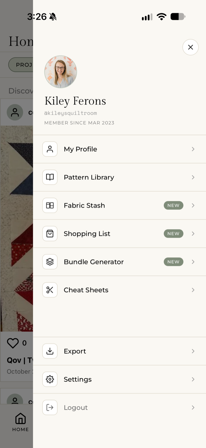 My Quilts — account menu with Pattern Library, Fabric Stash and premium tools