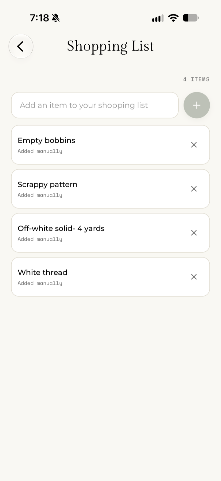 My Quilts — Shopping List with bobbins, pattern, fabric and thread